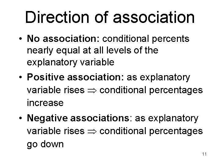 Direction of association • No association: conditional percents nearly equal at all levels of