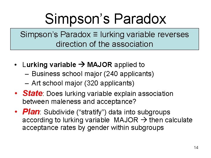 Simpson’s Paradox ≡ lurking variable reverses direction of the association • Lurking variable MAJOR