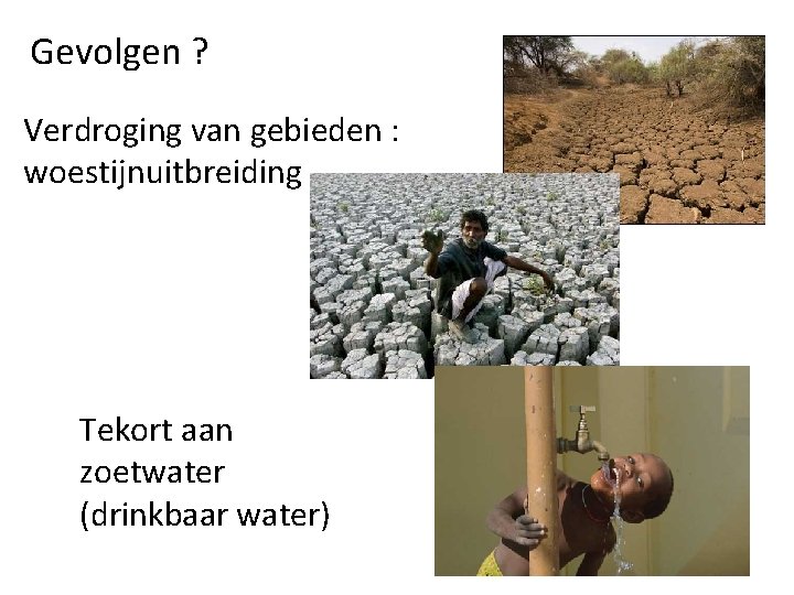 Gevolgen ? Verdroging van gebieden : woestijnuitbreiding Tekort aan zoetwater (drinkbaar water) 