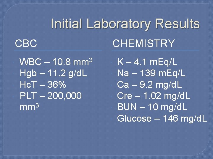 Initial Laboratory Results CBC WBC – 10. 8 mm 3 Hgb – 11. 2