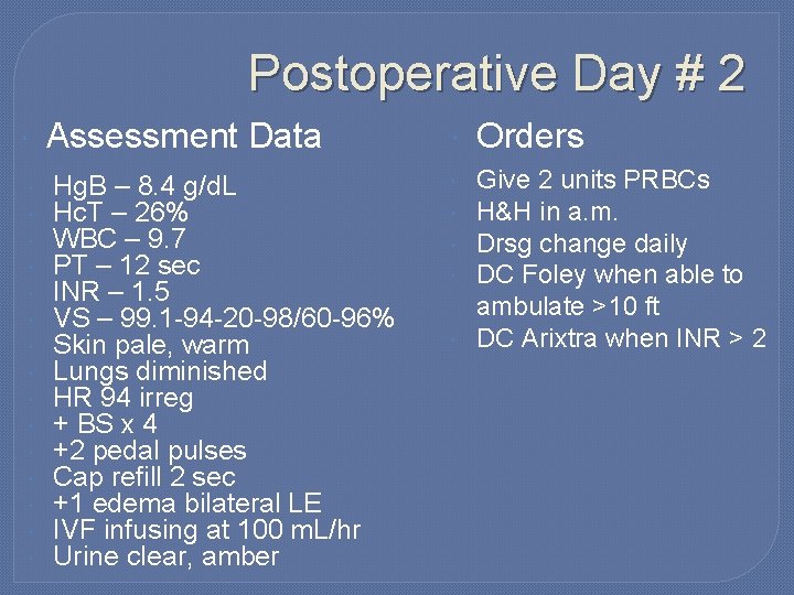 Postoperative Day # 2 Assessment Data Hg. B – 8. 4 g/d. L Hc.