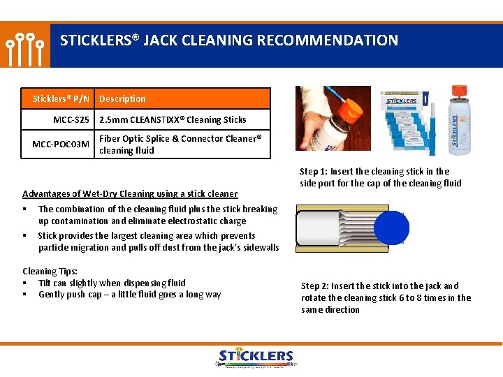 STICKLERS® JACK CLEANING RECOMMENDATION Sticklers® P/N Description MCC-S 25 MCC-POC 03 M 2. 5