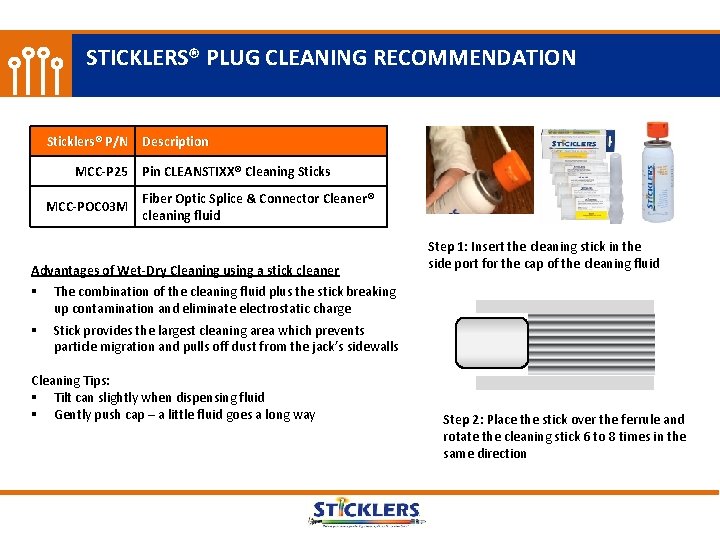 STICKLERS® PLUG CLEANING RECOMMENDATION Sticklers® P/N Description MCC-P 25 MCC-POC 03 M Pin CLEANSTIXX®