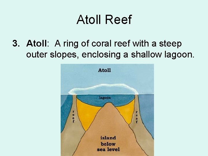 Atoll Reef 3. Atoll: A ring of coral reef with a steep outer slopes,