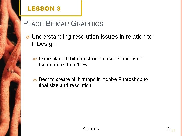 LESSON 3 PLACE BITMAP GRAPHICS Understanding resolution issues in relation to In. Design Once