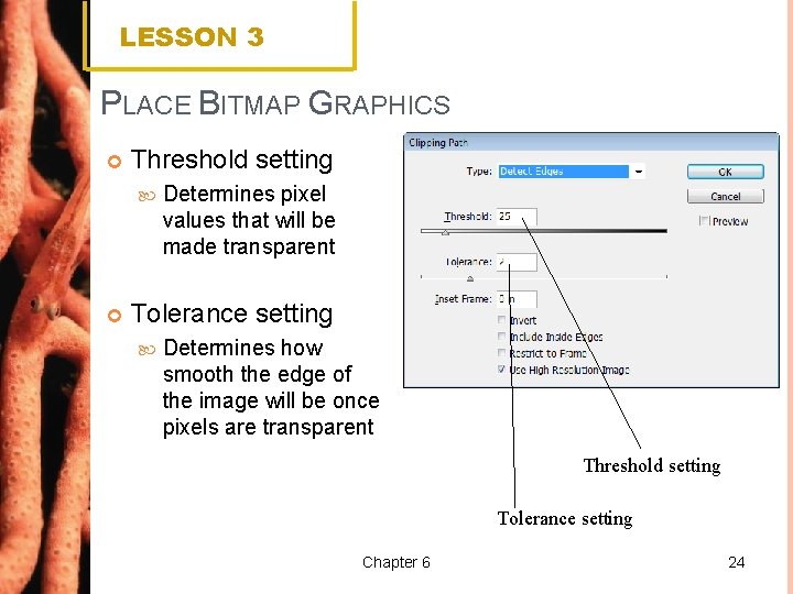 LESSON 3 PLACE BITMAP GRAPHICS Threshold setting Determines pixel values that will be made