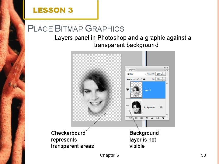 LESSON 3 PLACE BITMAP GRAPHICS Layers panel in Photoshop and a graphic against a