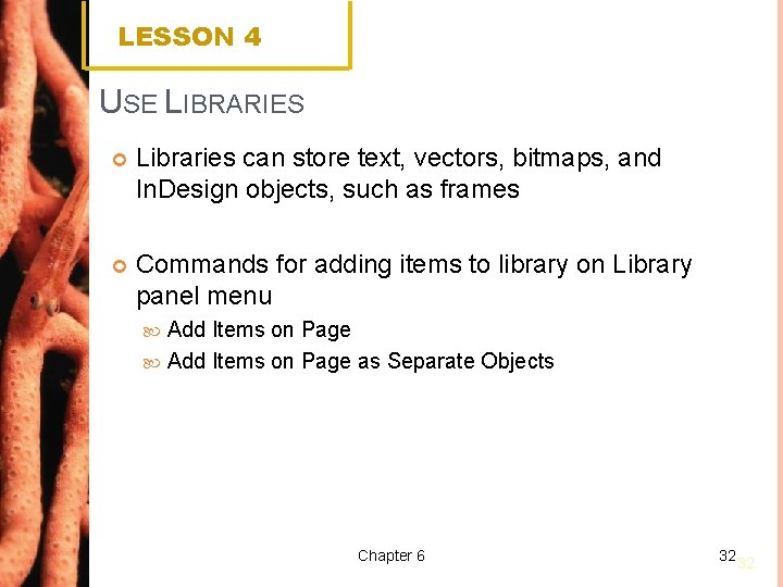 LESSON 4 USE LIBRARIES Libraries can store text, vectors, bitmaps, and In. Design objects,