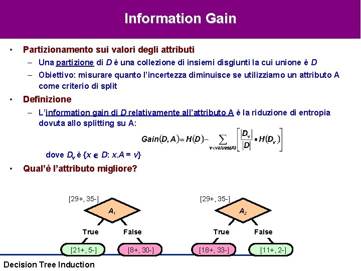 Information Gain • Partizionamento sui valori degli attributi – Una partizione di D è