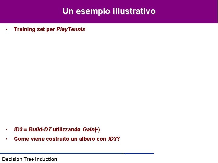 Un esempio illustrativo • Training set per Play. Tennis • ID 3 Build-DT utilizzando