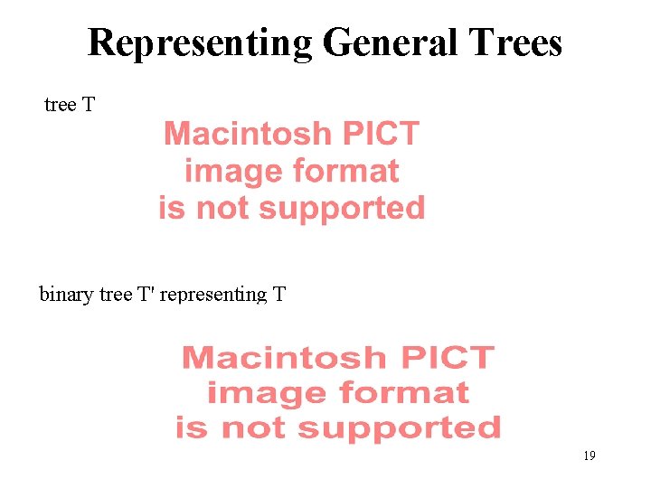 Representing General Trees tree T binary tree T' representing T 19 