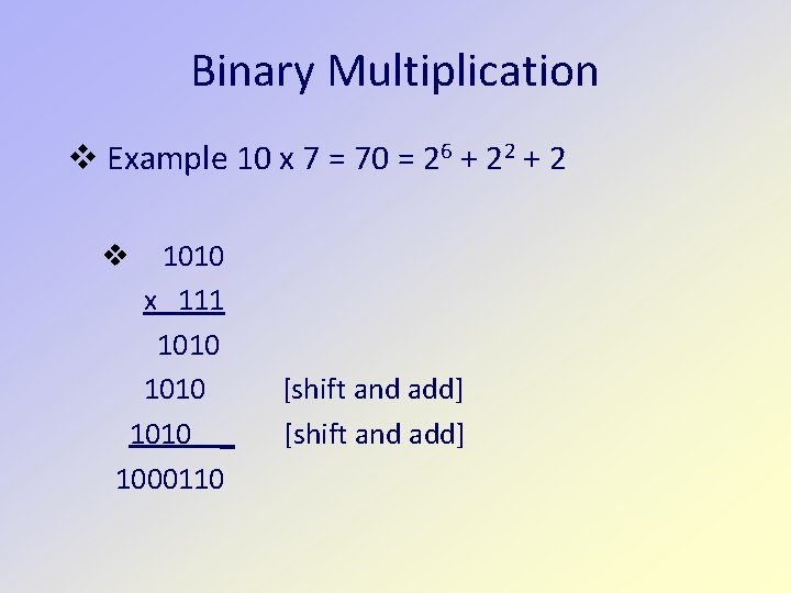 Binary Multiplication v Example 10 x 7 = 70 = 26 + 22 +