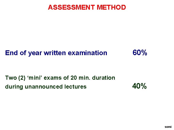 ASSESSMENT METHOD End of year written examination 60% Two (2) ‘mini’ exams of 20