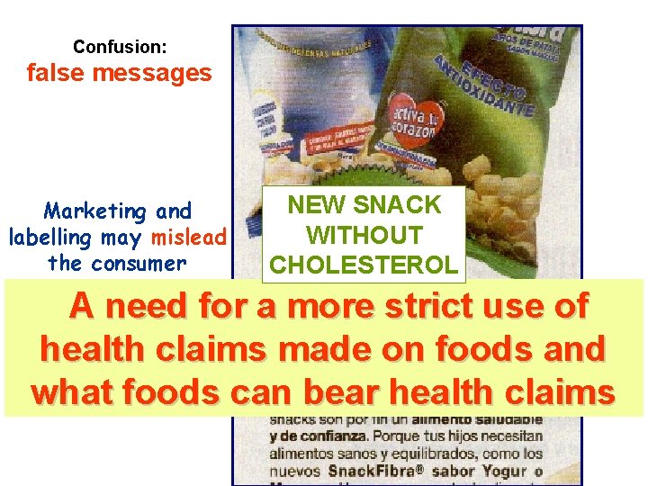 Confusion: false messages Marketing and labelling may mislead the consumer NEW SNACK WITHOUT CHOLESTEROL