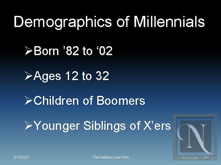 Demographics of Millennials ØBorn ’ 82 to ‘ 02 ØAges 12 to 32 ØChildren