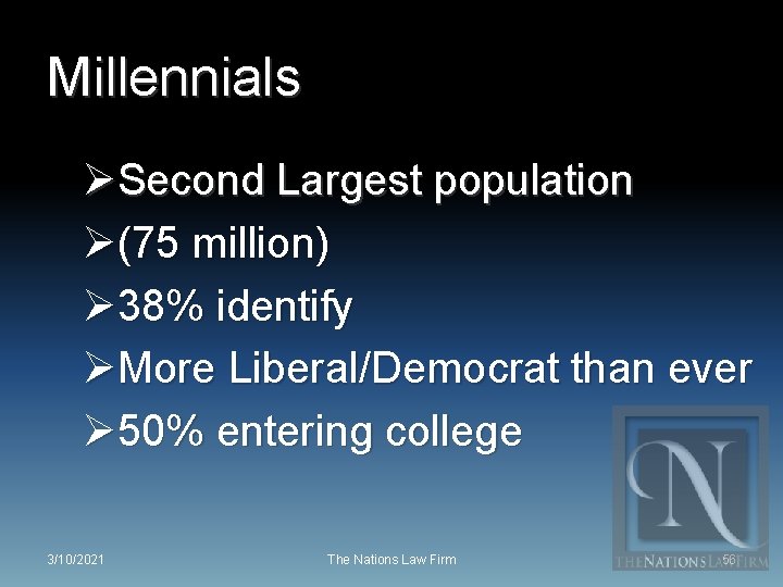 Millennials ØSecond Largest population Ø(75 million) Ø 38% identify ØMore Liberal/Democrat than ever Ø