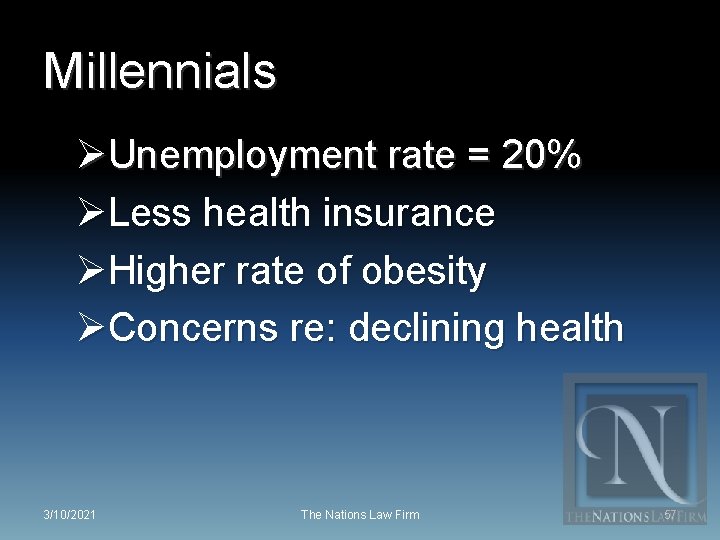 Millennials ØUnemployment rate = 20% ØLess health insurance ØHigher rate of obesity ØConcerns re: