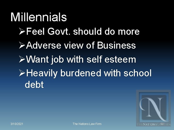 Millennials ØFeel Govt. should do more ØAdverse view of Business ØWant job with self