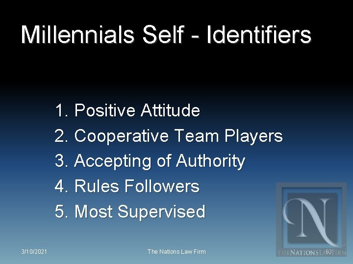 Millennials Self - Identifiers 1. Positive Attitude 2. Cooperative Team Players 3. Accepting of