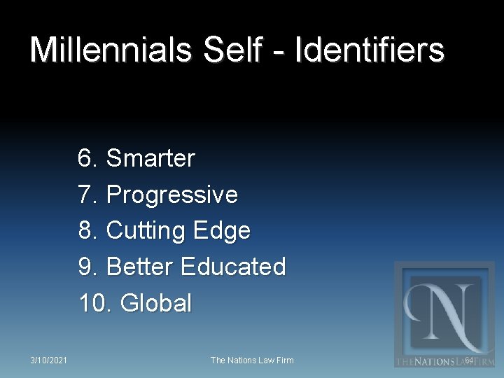 Millennials Self - Identifiers 6. Smarter 7. Progressive 8. Cutting Edge 9. Better Educated