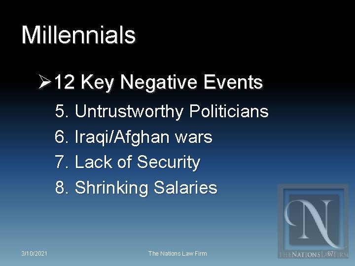 Millennials Ø 12 Key Negative Events 5. Untrustworthy Politicians 6. Iraqi/Afghan wars 7. Lack