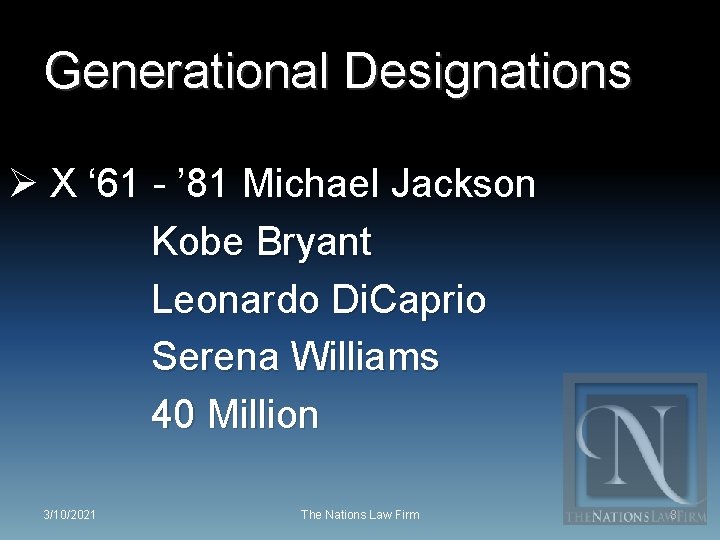 Generational Designations Ø X ‘ 61 - ’ 81 Michael Jackson Kobe Bryant Leonardo