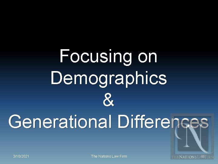Focusing on Demographics & Generational Differences 3/10/2021 The Nations Law Firm 86 