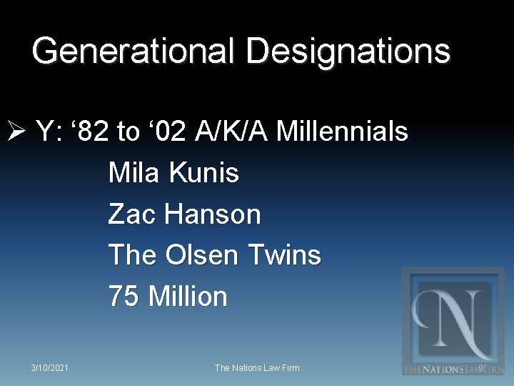 Generational Designations Ø Y: ‘ 82 to ‘ 02 A/K/A Millennials Mila Kunis Zac