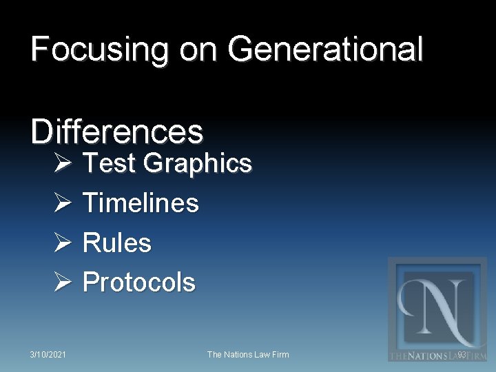 Focusing on Generational Differences Ø Test Graphics Ø Timelines Ø Rules Ø Protocols 3/10/2021