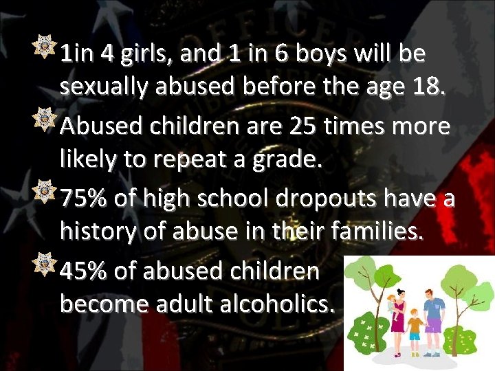 1 in 4 girls, and 1 in 6 boys will be sexually abused before
