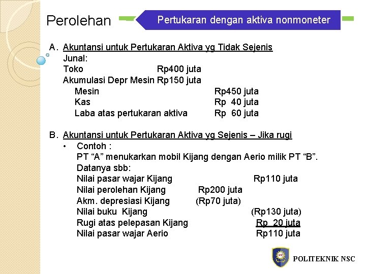Perolehan Pertukaran dengan aktiva nonmoneter A. Akuntansi untuk Pertukaran Aktiva yg Tidak Sejenis Junal: