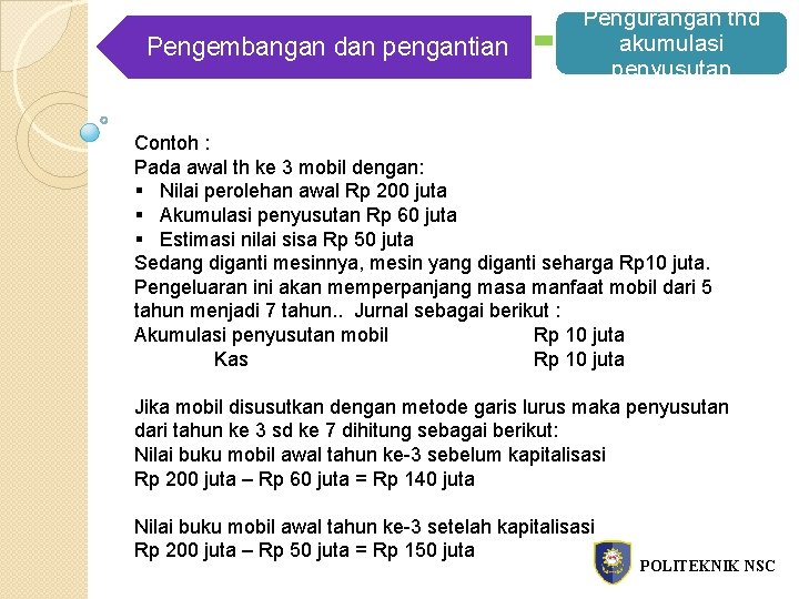 Penambahan Pengembangan dan pengantian Pengurangan thd akumulasi penyusutan Contoh : Pada awal th ke