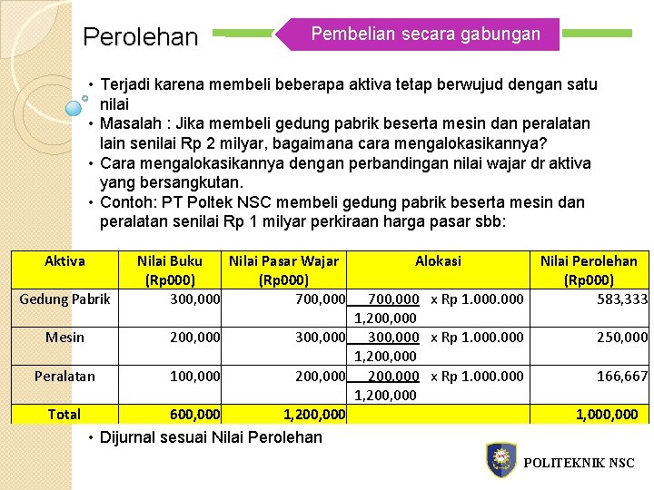 Perolehan Pembelian secara gabungan • Terjadi karena membeli beberapa aktiva tetap berwujud dengan satu