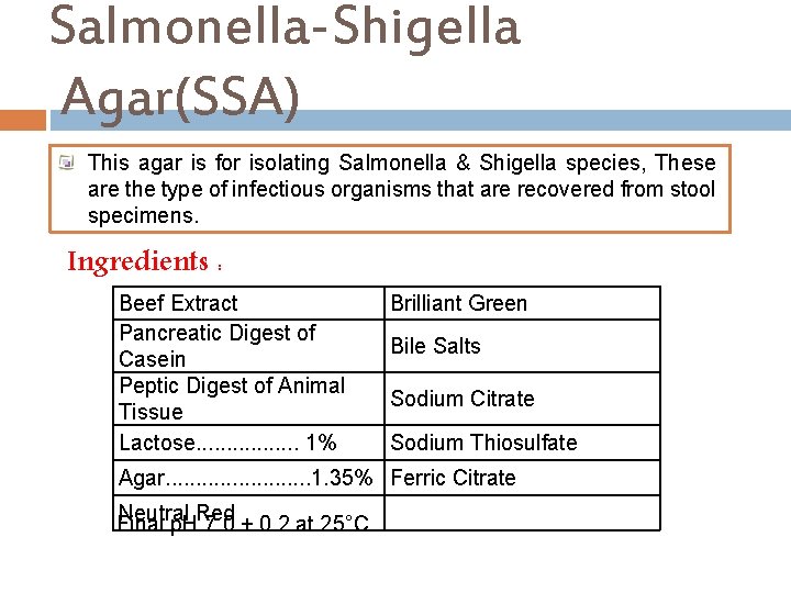 Salmonella-Shigella Agar(SSA) This agar is for isolating Salmonella & Shigella species, These are the