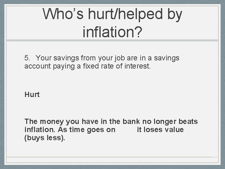 Who’s hurt/helped by inflation? 5. Your savings from your job are in a savings