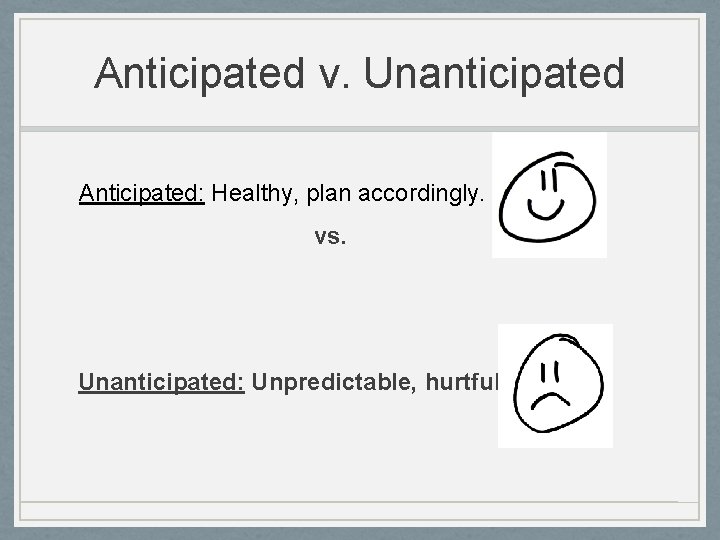 Anticipated v. Unanticipated Anticipated: Healthy, plan accordingly. vs. Unanticipated: Unpredictable, hurtful. 