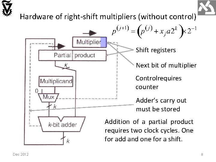 Hardware of right-shift multipliers (without control) Shift registers Next bit of multiplier Controlrequires counter