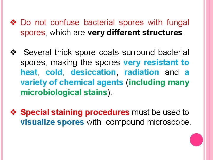 v Do not confuse bacterial spores with fungal spores, which are very different structures.