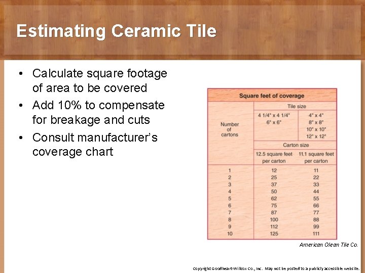 Estimating Ceramic Tile • Calculate square footage of area to be covered • Add