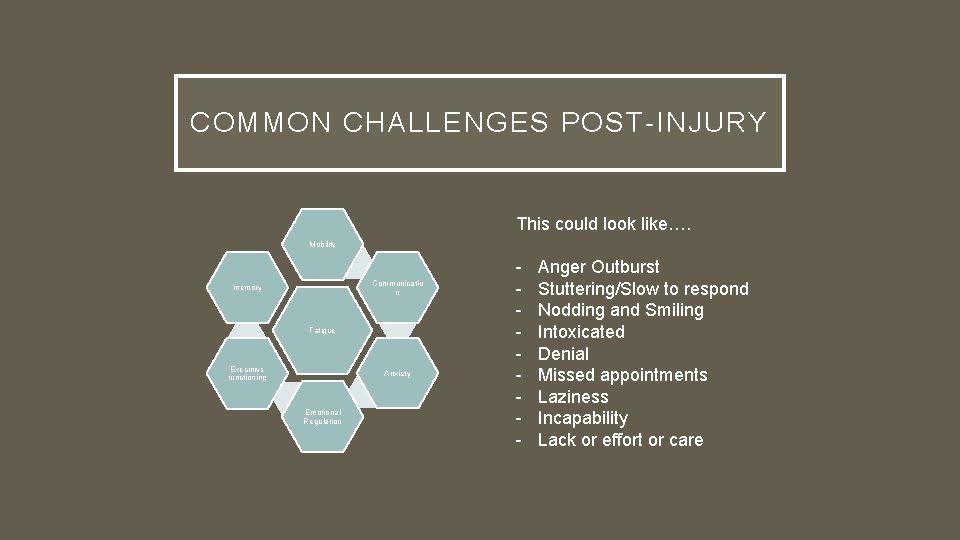 COMMON CHALLENGES POST-INJURY This could look like…. Mobility Communicatio n memory Fatigue Executive functioning