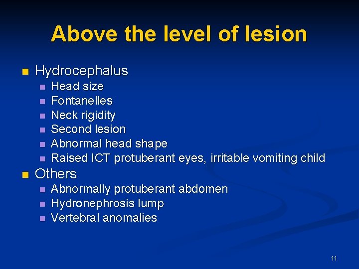 Above the level of lesion n Hydrocephalus n n n n Head size Fontanelles