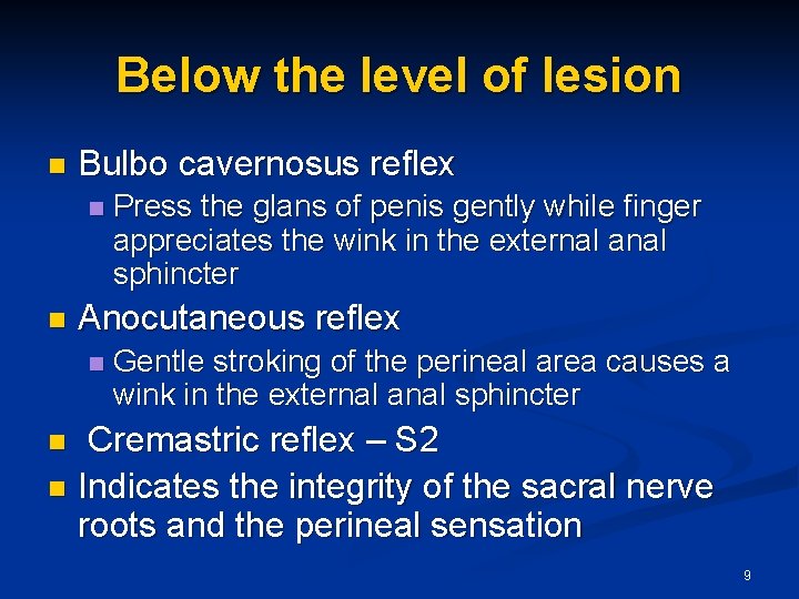 Below the level of lesion n Bulbo cavernosus reflex n n Press the glans