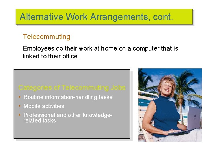 Alternative Work Arrangements, cont. Telecommuting Employees do their work at home on a computer