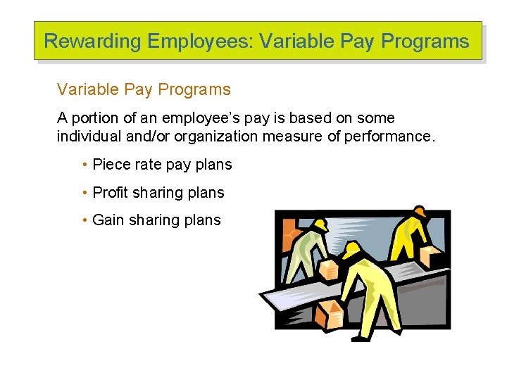 Rewarding Employees: Variable Pay Programs A portion of an employee’s pay is based on