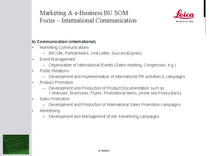 Marketing & e-Business BU SOM Focus – International Communication b) Communication (international) • Marketing