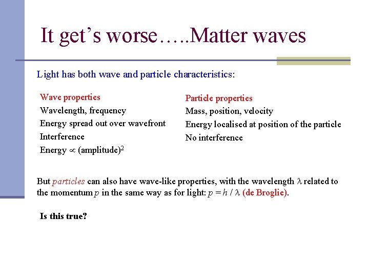 It get’s worse…. . Matter waves Light has both wave and particle characteristics: Wave