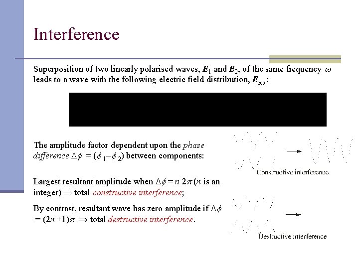 Interference Superposition of two linearly polarised waves, E 1 and E 2, of the