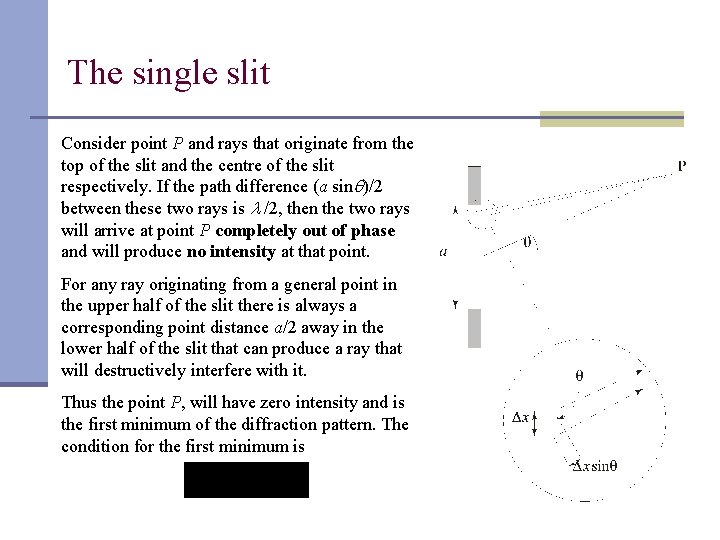 The single slit Consider point P and rays that originate from the top of