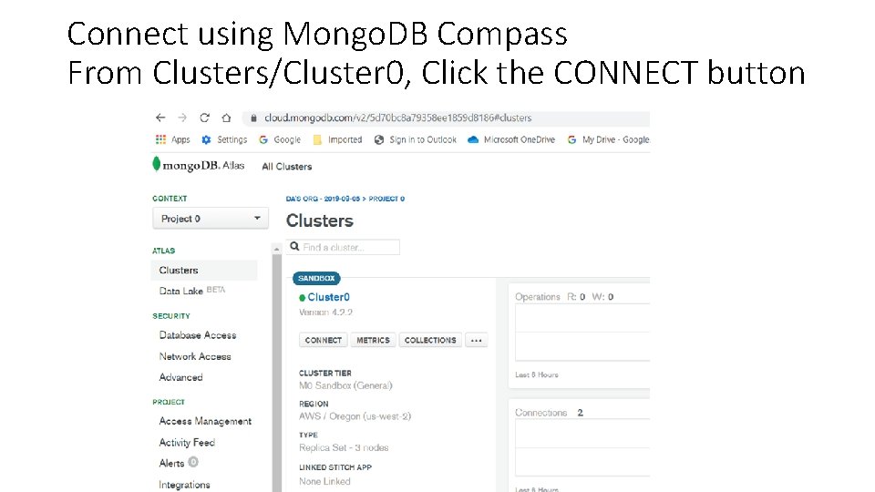 Connect using Mongo. DB Compass From Clusters/Cluster 0, Click the CONNECT button 