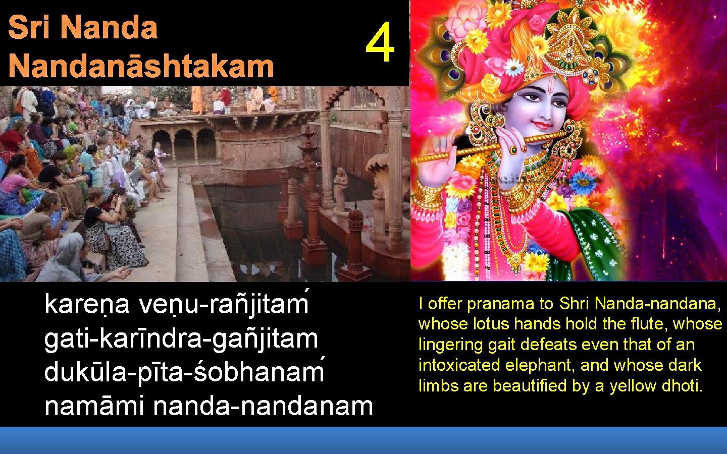 Sri Nandanāshtakam 4 karen a ven u-rañjitam gati-karīndra-gañjitam dukūla-pīta-śobhanam namāmi nanda-nandanam I offer pranama